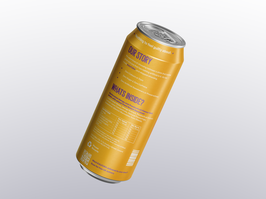 KALFORA Mango Passionfruit sparkling soda 330ml can – back, ingredients and nutrition