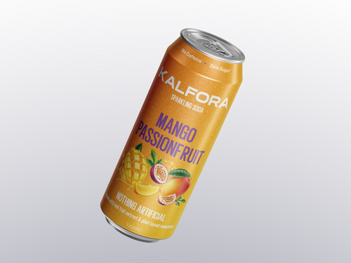 KALFORA Mango Passionfruit sparkling soda 330ml can – front, zero sugar and no caffeine