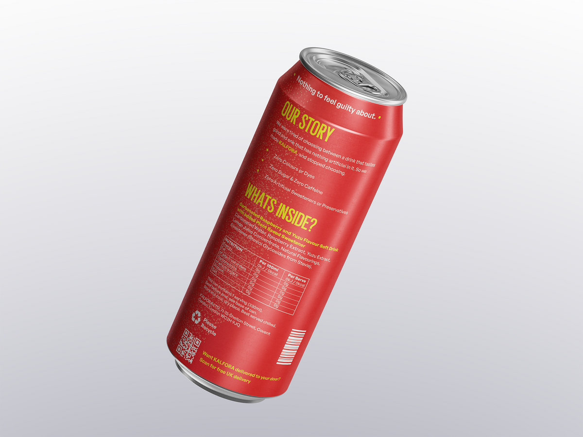 KALFORA Raspberry Yuzu sparkling soda 330ml can – back, ingredients and nutrition