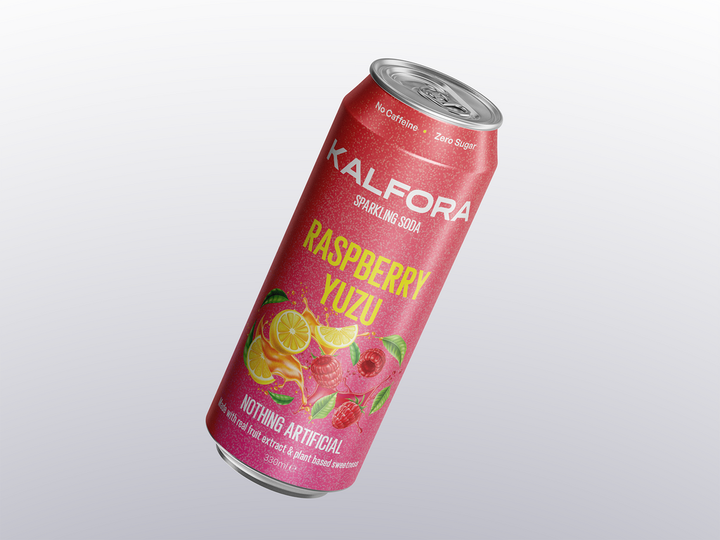 KALFORA Raspberry Yuzu sparkling soda 330ml can – front, zero sugar and no caffeine